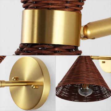 Zoey 10" 1-Light Mid-Century Vintage Retro Rattan/Metal LED Sconce with Adjustable Shade - JONATHAN Y